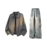 Серый топ + синие штаны