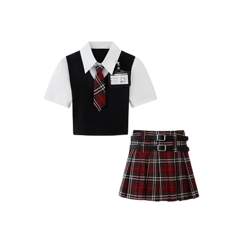 WLEQK Топ + Красная Клетчатая Юбка из Кожанина с Ремнем и Ярлыком Женская Униформа