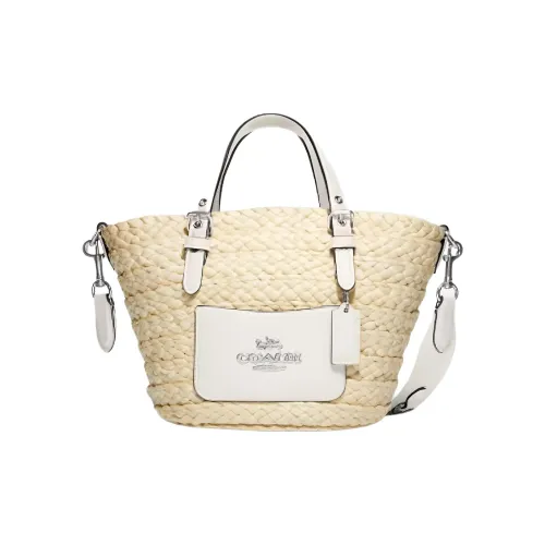 COACH Соломенная плетеная сумка с кожаными вставками Tote сумка для покупок сумка через плечо сумка маленькая женская бежево-желтая