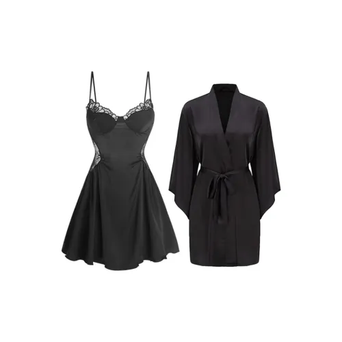 MEIJIAO Черная юбка + внешняя сторона robe, двухкомпонентный набор женских пижамных комплектов