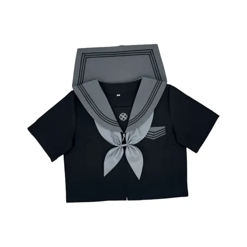 WLEQK Крест Вишня Короткий рукав Топ Подходящий Золотой Рыбка Узел Черная А Линия Короткая Юбка Женская Униформа