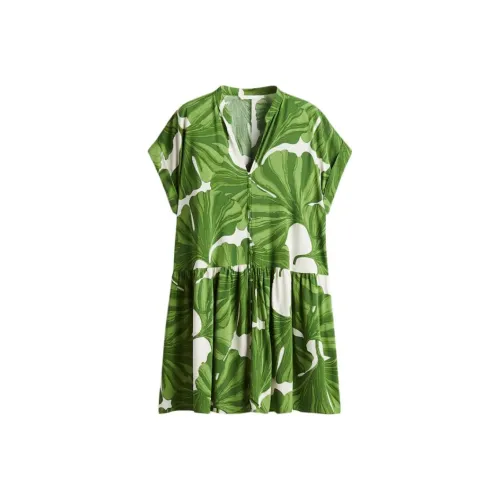 H&M Белый/Зеленый Женские Короткие Платья с Рукавами
