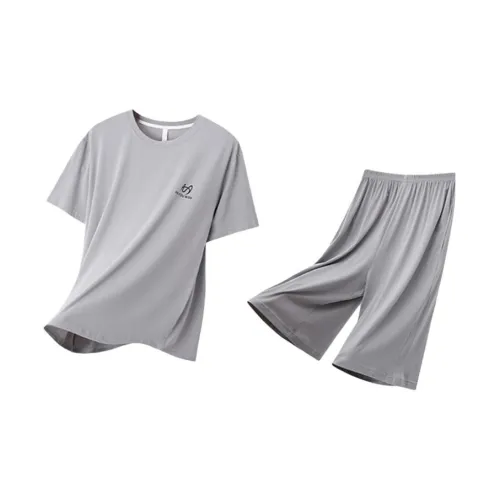 MIIOW Пижамный комплект Свободный крой Гладкий Антибактериальный Мужской 2 предмета Комплект Серый