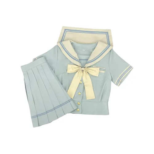 WLEQK Лето Короткий рукав Топ + Теплый желтый Длинный галстук-бабочка + Комплект Короткая юбка Женская униформа