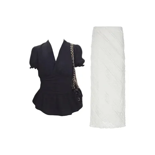 MARIE·COCO Черный топ + Белая юбка Женские комплекты с юбкой