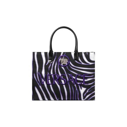 VERSACE La Medusa Хлопок Телячья кожа Комбинированная Сумка-тоут Сумка для покупок Сумка Большая Женская Черная Фиолетовая Контрастная