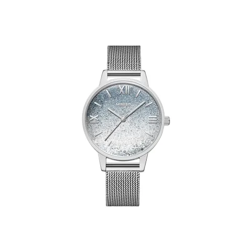 Miniso Градиентный Гипсофила Песчаный Маленький Круглый Часы Кварцевый Механизм Стальной Ремешок Часы Женские Часы Синий Циферблат