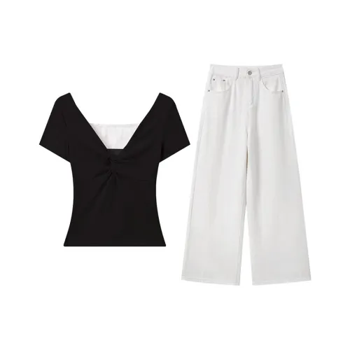 MARIE·COCO Черный топ + Белые брюки Женские Повседневные костюмы