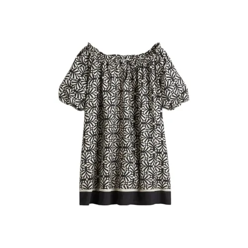 H&M Черное/Цветочное Женское Короткое Платье с Рукавами