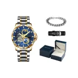 Синий циферблат, золото, стальной браслет [высококачественная синяя кожа, коробка + натуральная кожа, ремень + кубинский браслет].