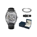 Серебряный корпус, серый циферблат, ремешок [высококачественная синяя кожа, коробка + натуральная кожа, ремешок + кубинский браслет]