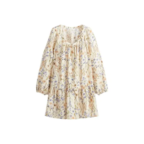 H&M Светло-бежевый/Цветочный Женские Длинные Платья с Рукавами