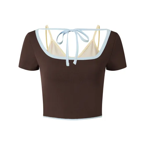 1 TROP FORT 2025 Лето Тело-прилегающий Mock Двухкомпонентный Короткий рукав Т-рубашка CROP TOP Женская