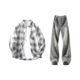 Gray Blue Plaid + Yellow Mud Pants  
Серый Синий Клетка + Желтый Грязь Брюки