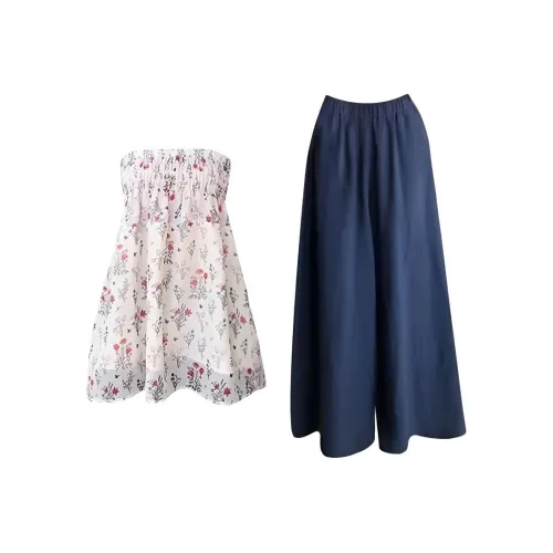 SKYA Белый топ + Темно-синие брюки Женские комплекты с юбкой