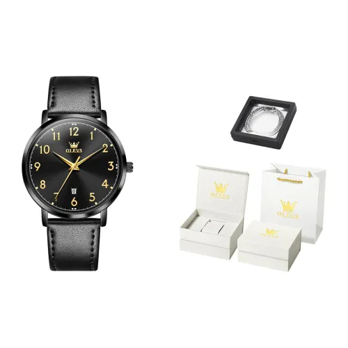 OLEVS Кварцевый механизм кожаный ремешок мужские часы черный циферблат