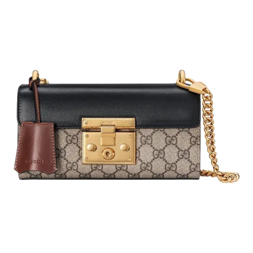 GUCCI Сумка через плечо с подвесным замком холст и кожа мини женская бежевый эбеновое дерево и черный