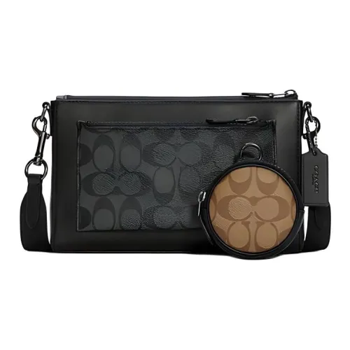 COACH Holden Покрытие Холст Кожа Вставка Комбинированная Сумка Сумка через плечо Средняя Мужская Коричневый и Черный