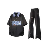 Черная рубашка с короткими рукавами + черные повседневные штаны