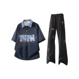 Темно-синяя рубашка с коротким рукавом + черные повседневные штаны