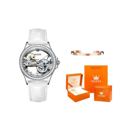 OLEVS Механические часы с кожаным ремешком женские с белым циферблатом
