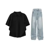 Чёрный топ + синие штаны