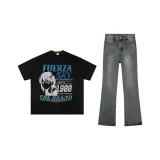 Комплект одежды [Черная футболка + Винтажные синие джинсы]