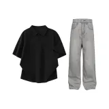 Чёрный топ + серые штаны