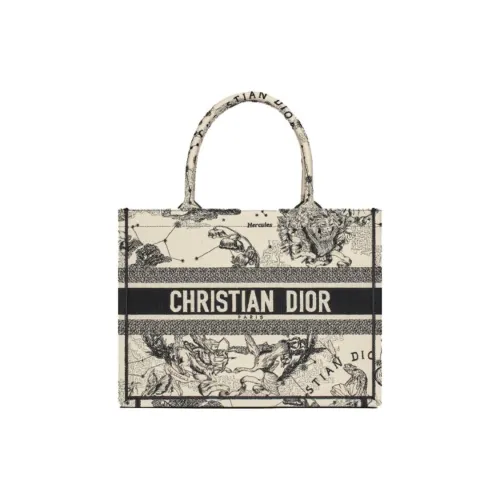 DIOR BookTote Вышивка Сумка-тоут Сумка для покупок Сумка через плечо Сумка среднего размера Женская Молочно-белая Черная
