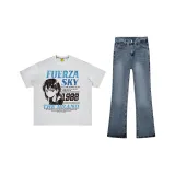 Комплект одежды [Белая Фотиния Серый Футболка + Светло-Синие Джинсы]