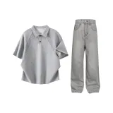 Светло-серый топ + серые штаны