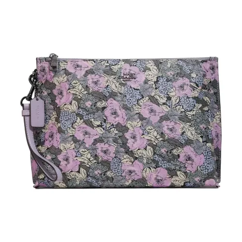 COACH Pouch Цвет холста Панелированная кожа Детали клатча Средний Женский Сплав Pewter Мягкий Lilac Многоцветный