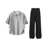 Светло-серый топ + черные штаны