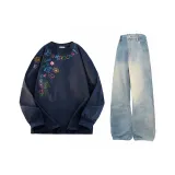 Комплект одежды (Темно-синий топ + Винтажные синие штаны)