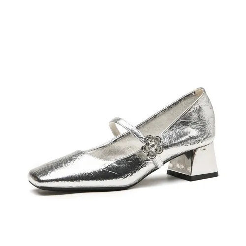 GOSO Грубый каблук Туфли Мэри Джейн Женские Серебряные