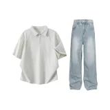 Белый, Фотиния, Серый, Топ + Синие Штаны