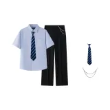 Синяя рубашка с коротким рукавом + костюмные брюки, включает цепочки для брюк + акварельный ручка галстук.