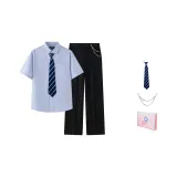 Подарочная коробка комплект, синяя рубашка с коротким рукавом + костюмные брюки, с подарками бесплатно: цепи для брюк + акварельная ручка галстук.