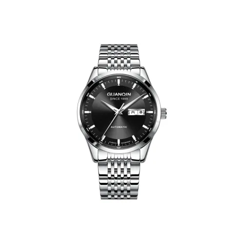 GUANQIN Автоматический Механический Механизм Нержавеющая Сталь Ремешок Часы Мужские Черный Циферблат