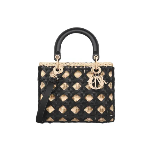 DIOR Lady Dior Rotan с коровьей кожей одно плечо сумка среднего размера женский черный и бежевый