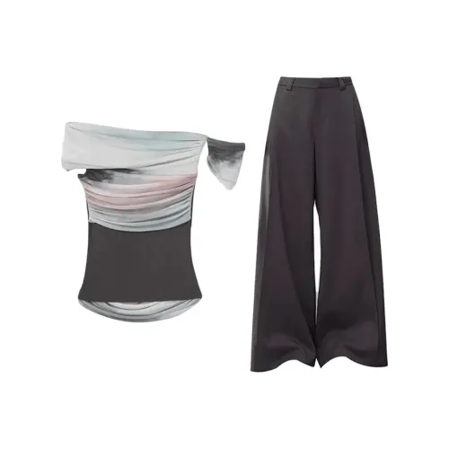 COVER TIME Смешанный топ + широкие брюки женские повседневные костюмы