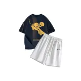 Темно-синий синий топ + бело-серые штаны Фотиния