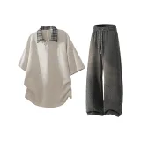 Бежевый абрикосовый топ + серые штаны