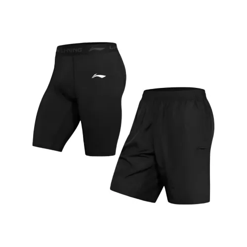 LINING Черный, Черный Шорты с Тугим Отложением + Черные Быстросохнущие Шорты Мужские Комплекты для Фитнеса