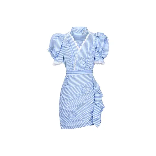 Leather Cat Светло-синий Женские Короткие Платья с Рукавами