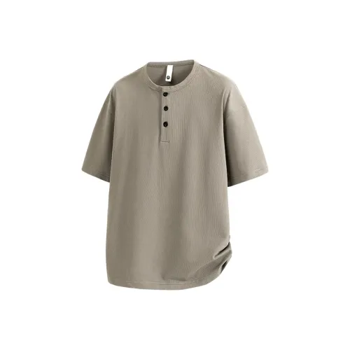 HUMNAT Винтаж Воротник Генри Короткий Рукав Т-Рубашка Мужская