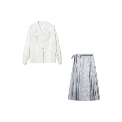 SONDR Белый топ + Синяя китайская юбка с узором "конское лицо" Женские комплекты с юбкой