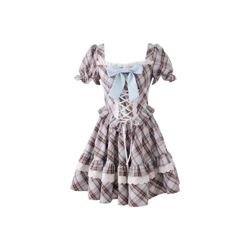 SEAR OFFICIAL Сине-коричневая клетка Женские Короткие Платья с Рукавами