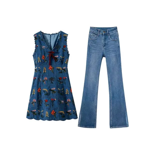 MARIE·COCO Синий Платье + Джинсы Женские Комплекты с Юбкой
