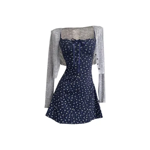 GORGEOUSIDEA Серый кардиган + темно-синий платье-камзол женские комплекты с юбкой